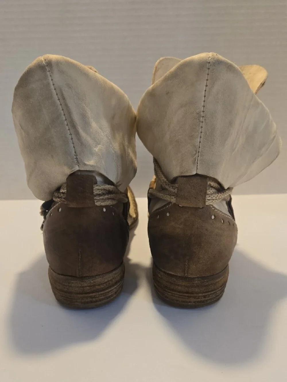 Authentic Artison Cream and Brown Lace-Up Leather Ankle Boots-Made In Italy